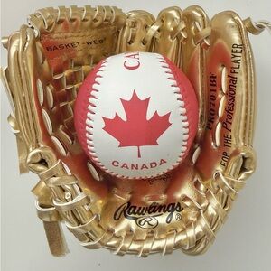 Rawlings Mini Gold Leather Glove with White and Red Canada Baseball